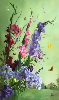 Гладиолусы, флоксы и бабочки 